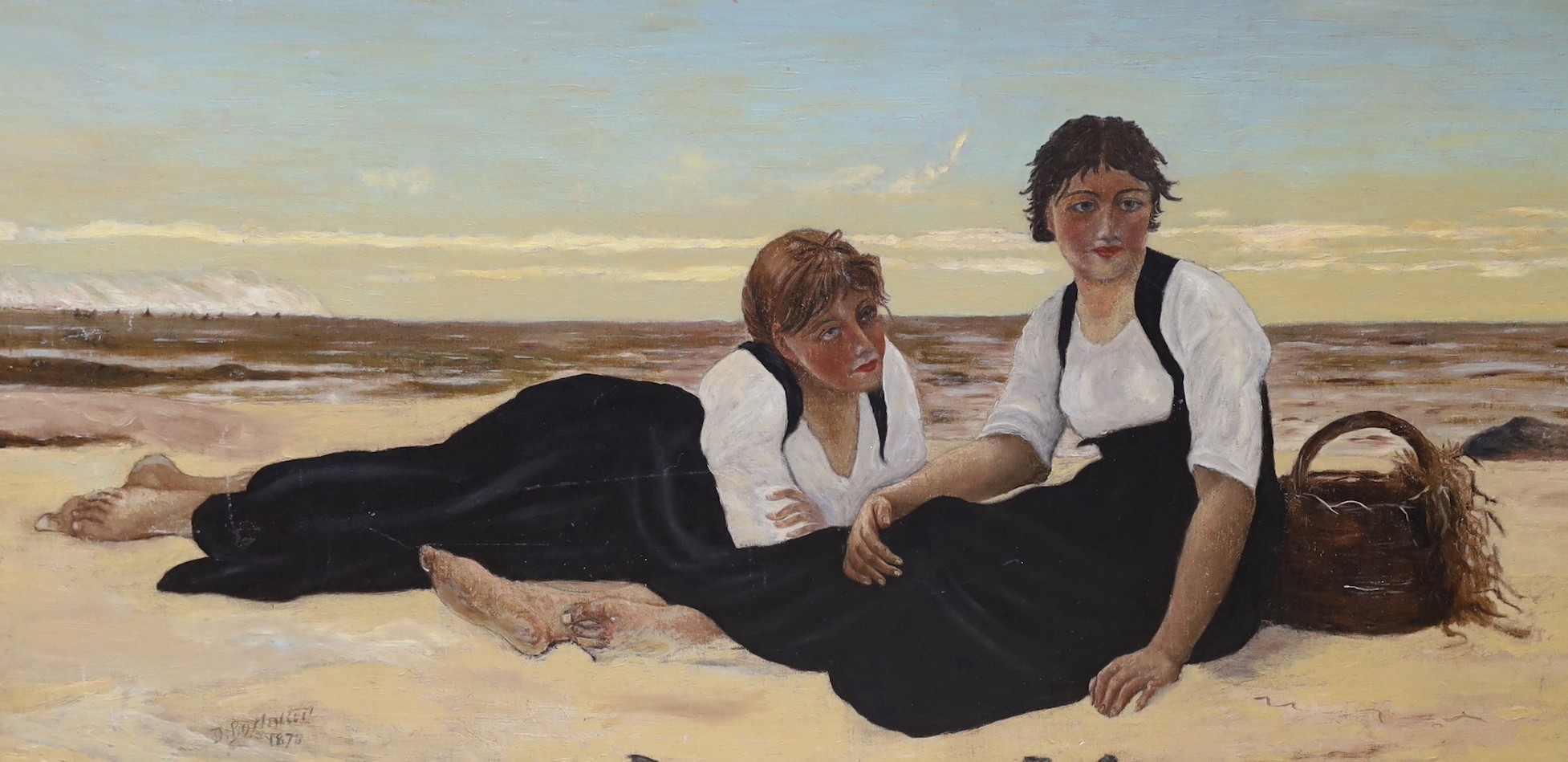 D. Borlaston (19th C.), oil on canvas, Women seated on the seashore, signed and dated 1878, 44 x 90cm